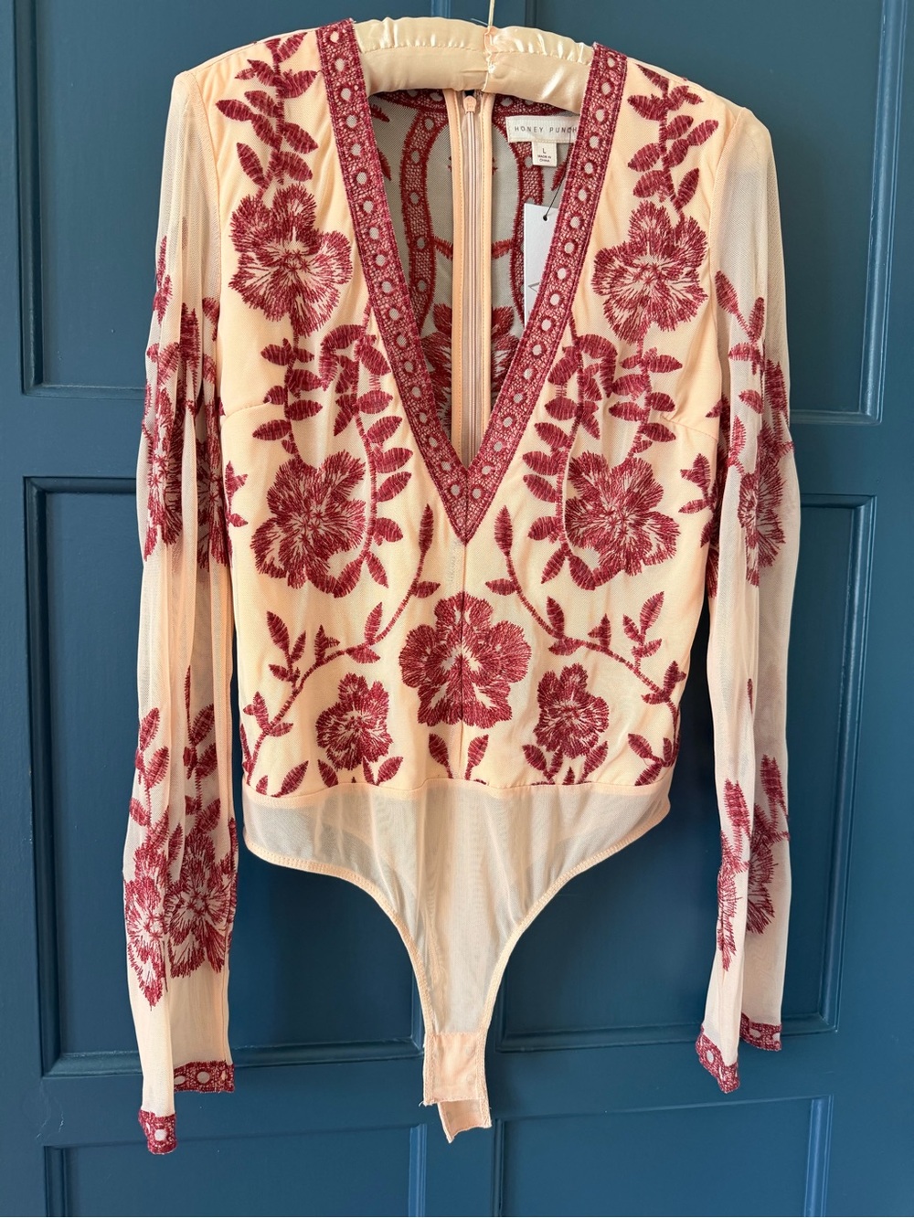 Vici Floral Embroidered V-Neck Bodysuit - Cream with Burgundy Floral